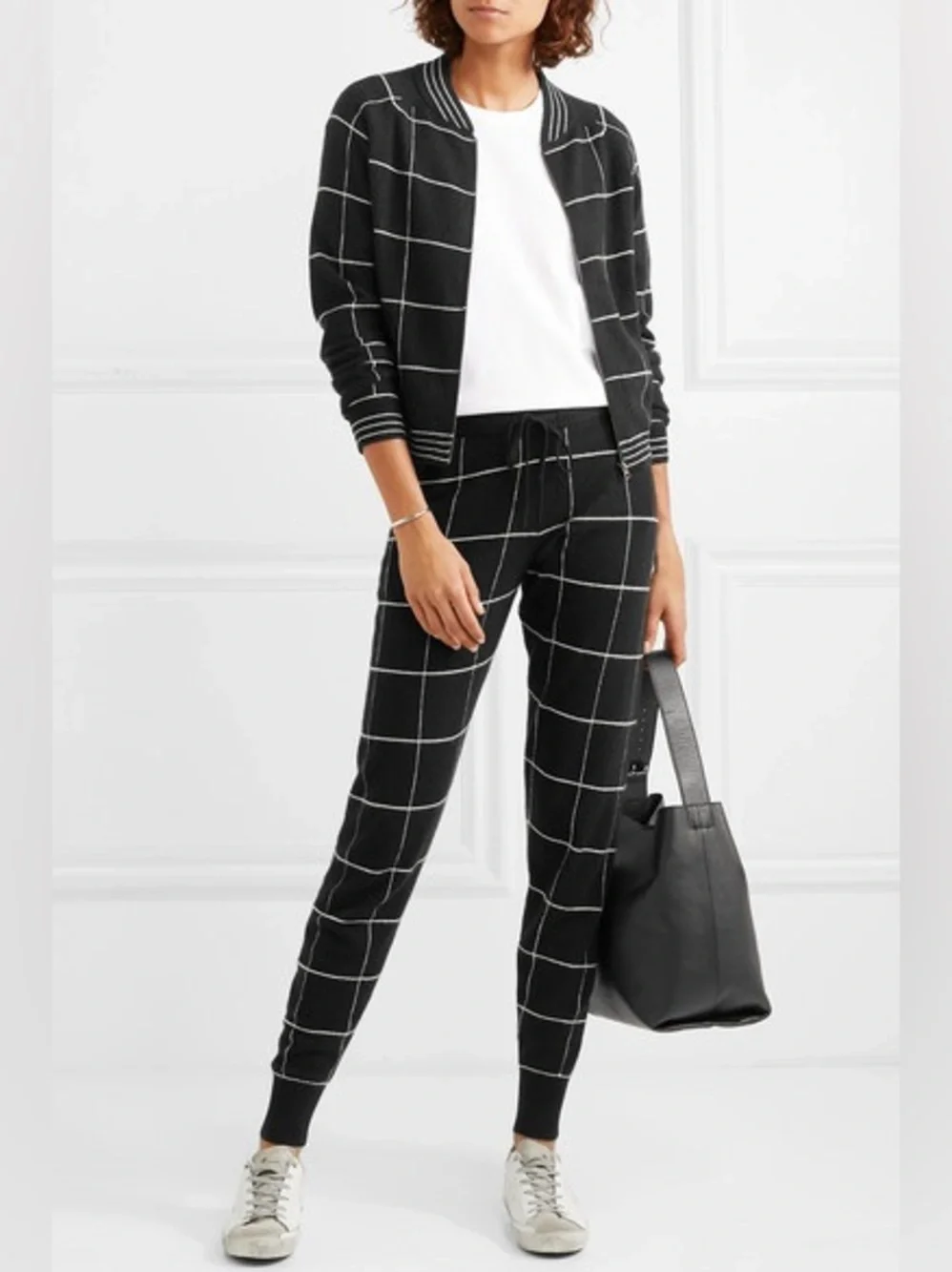 Madeleine Thompson Jedha 100% Cashmere Zip Bomber Sweater Windowpane Check